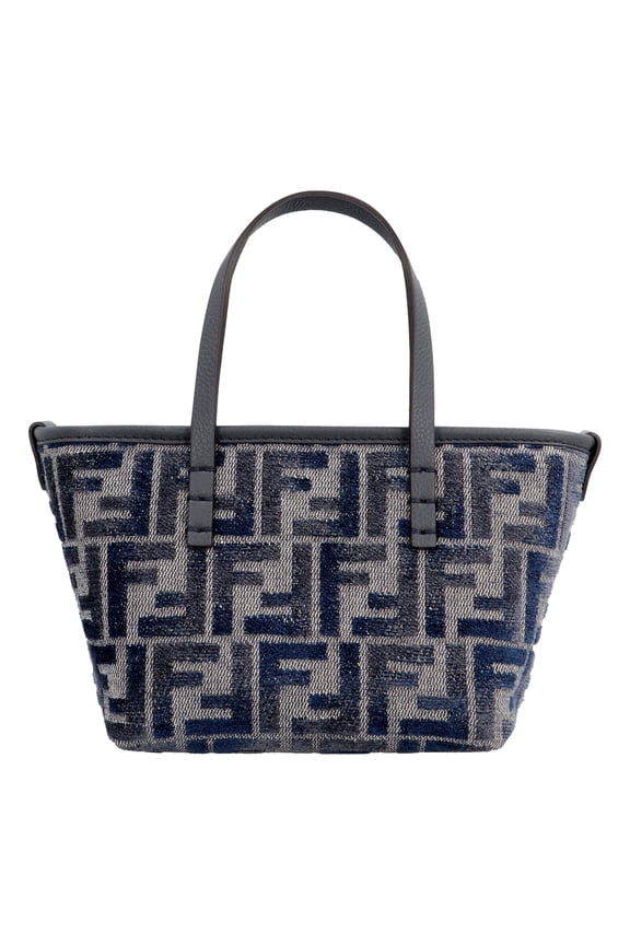 New Fendi Mini Roll FF Blue Gray Chenille Tote Bag 8BS096 Small Top Handle Crossbody