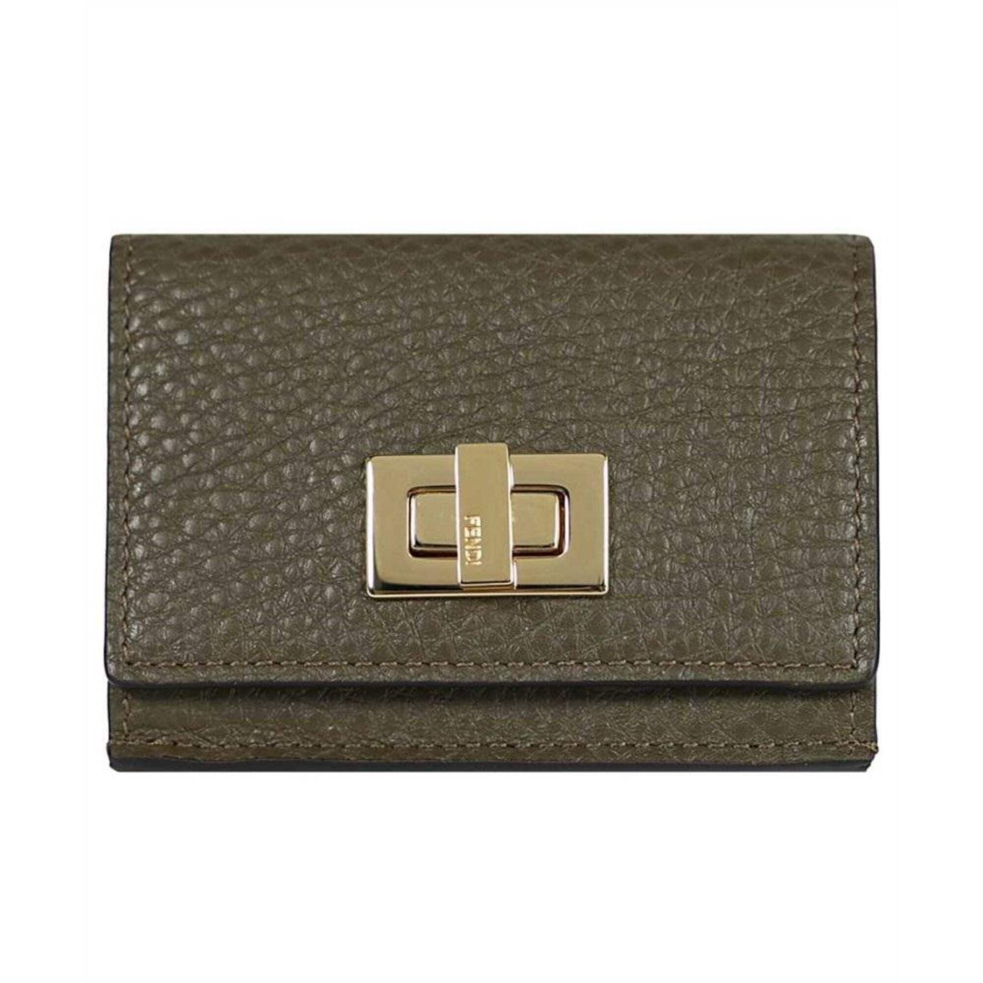 New Fendi Selleria Leather Avocado Green Micro Trifold Wallet