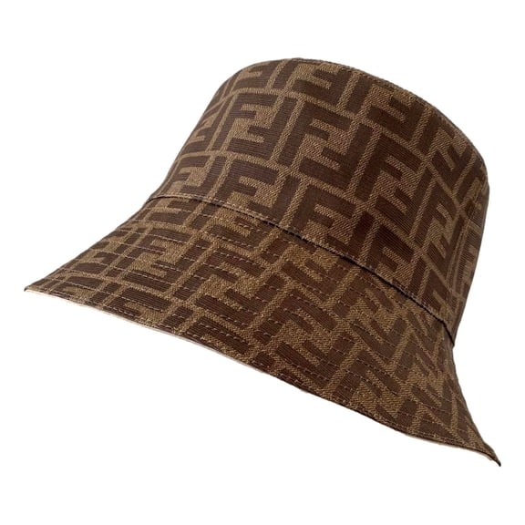 New Fendi Zucca Canvas Brown Logo Bucket Hat Size Large
