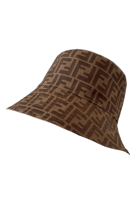 New Fendi Zucca Canvas Brown Logo Bucket Hat Size Large