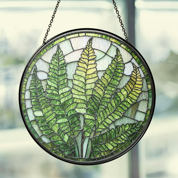 New Fern Plant Glass Suncatcher, Round Plant Window Hanging, Botanical Leaf Panel, Green Glass Ornament, Nature Lover Gift, Housewarming Decor