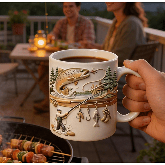 New Fishing Coffee Mug, 2D Funny Fishing Themed Design, 15oz , Ceramic Funny Fish Mug, Fisherman Novelty Drinkware, Comfortable Easy Grip Handle, Ideal for Fishermen