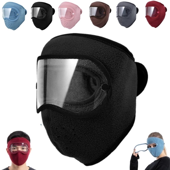 New Fleece Thermal Mask with Removable Goggles,Unisex Winter Warm Face Mask for Full Protection for Skiing Cycling,Black
