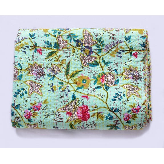 New Floral Print Kantha Quilt King Quilt Inidan Bedspread Kantha Blanket Indian Quilt Cotton Quilt Twin Kantha Bed Cover Queen Quilt
