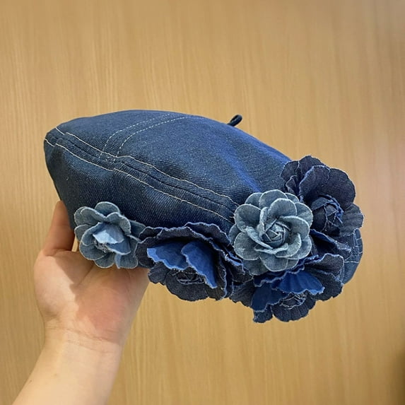 New Flowers Denim Beret Hat for Women Girl JK Korean Soft Octagonal Cowboy Cap Solid Color Flat Top Floral Artist Painter Cap (B,one size)
