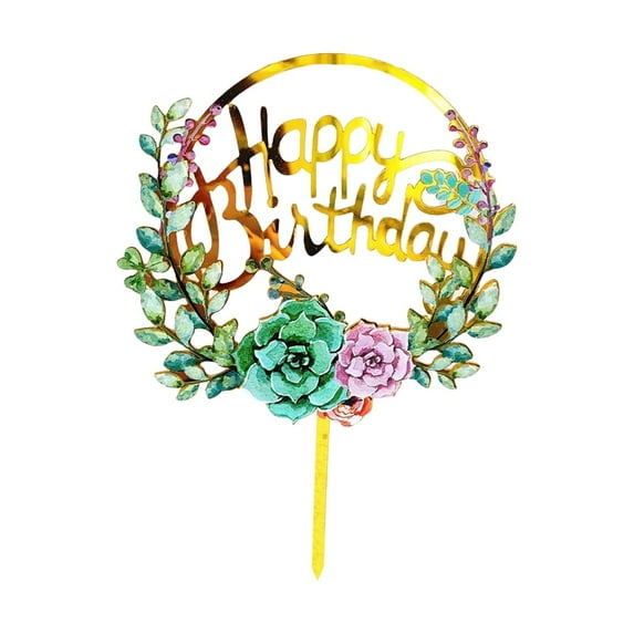 New Flowers Happy Birthday Cake Topper Gold Colored Printing Acrylic Cake Topper For Kids Girls Birthday Party Cake Decorations