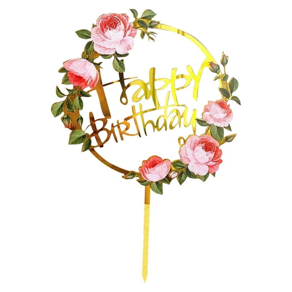 New Flowers Happy Birthday Cake Topper Gold Colored Printing Acrylic Cake Topper For Kids Girls Birthday Party Cake Decorations