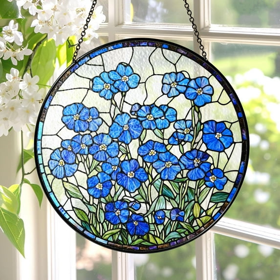 New Forget Me Not Stained Glass Suncatcher, Botanical Window Hanging, Blue Floral Stained Glass, Spring Home Decor, Gift for Mom, Flower Lover