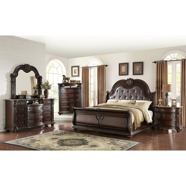 New Formal Traditional Design Marble Top King Size 4 Pieces Set Bedroom Furniture, Bed, Dresser, Mirror, Nightstand