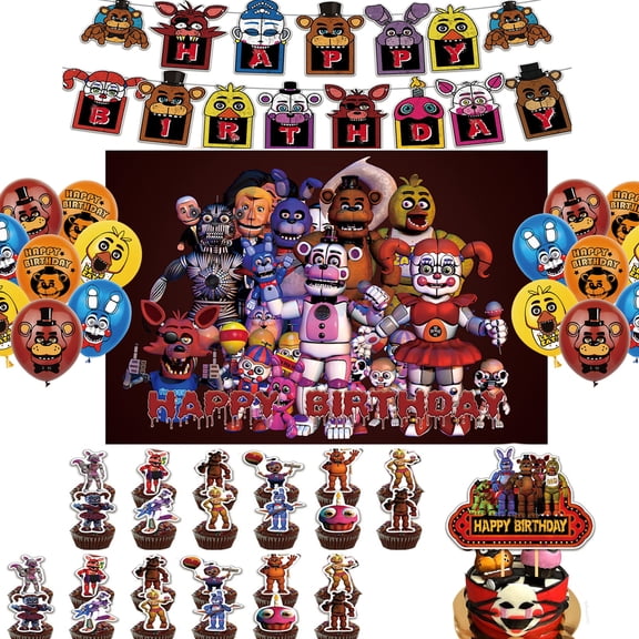 New Freddy Birthday Party Decorations include Banner ,Balloons,Cake Toppers Cupcake Toppers, Freddy's Background