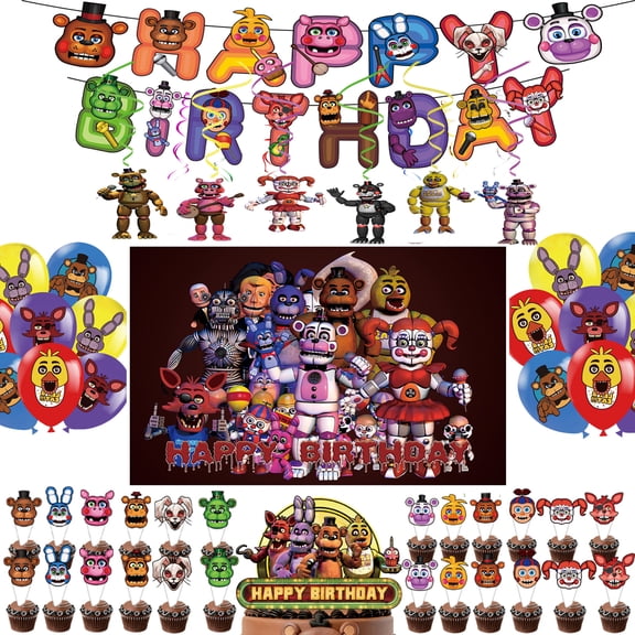 New Freddy Party Decorations Freddy's Night Birthday Party Supplies include Freddy's Background, Happy Birthday Banner ,Freddy's Balloons, Cake Cupcake Toppers