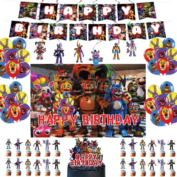 New Freddy's Party Decorations Five Freddy's Happy Birthday Party Supplies Set include Banner , Balloons, Cake Cupcake Toppers, Night Freddy's Background