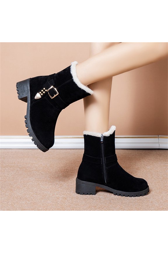 New Fshion Plus Size Snow Boots for Women Winter Warm Suede Belt Buckle Embellished Round Toe Thick High-heeled Fleece Snow