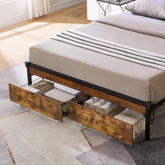 New Full Bed Drawers Under-Bed Storage 2 Drawers with 4 Wheels, Brown+Black, MDF+Metal, Movable Container for Clothes Shoes Toys Bedding