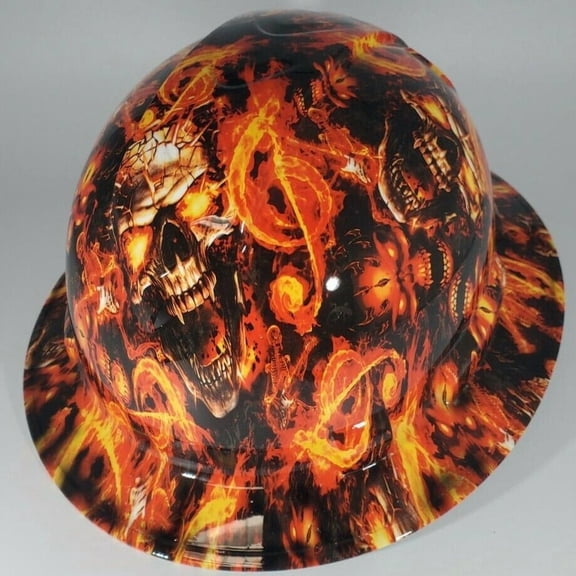 New Full Brim Hard Hat Custom Hydro Dipped ROCKSTAR FLAMING SKULL. Free Shipping