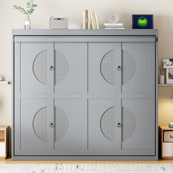 New Full Size Gray Murphy Bed Wall Bed - Convertible Cabinet with Metal Folding, No Box Spring Needed, 400 LBS Capacity, Space-Saving Design