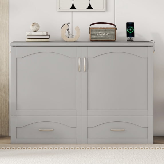 New Full Size Murphy Bed Wall Bed with drawer and a set of Sockets & USB Ports, Pulley Structure Design, Gray