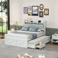 thumbnail image 1 of New Full Size Wooden Bed with Storage Headboard with Outlets, Extendable Bed with Twin Size Trundle with Three Storage Drawers,White, 1 of 10