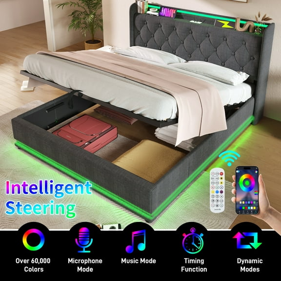 New Full size Upholstered bed, 360 surround LED function, Buttons/Apps/Remote Control, hydraulic storage bed with USB Type-C charging, Gray,Linen (Without mattress)