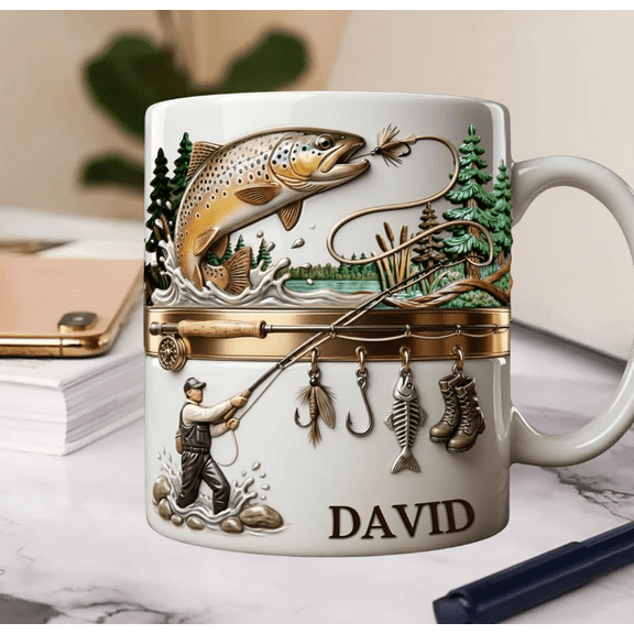 New Funny Fishing Mug, 2D Fish Coffee Mug, Novelty Fly Fish Mugs For Men,15oz Ceramic Drinkware, Fishing Gift For Men Home Water Tea Whiskey