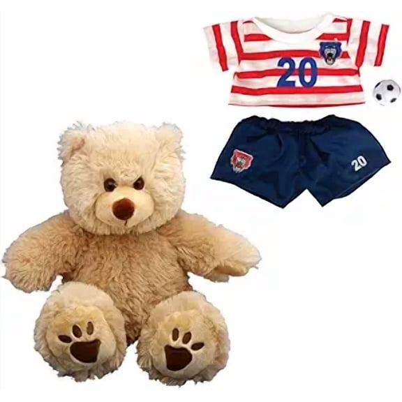 New Furry Brown Bear Stuffed Toy with Red Soccer Uniform and Ball - 16" Plush Brown Bear with Soccer Outfit and Ball - Soft and Cuddly Sports Toy