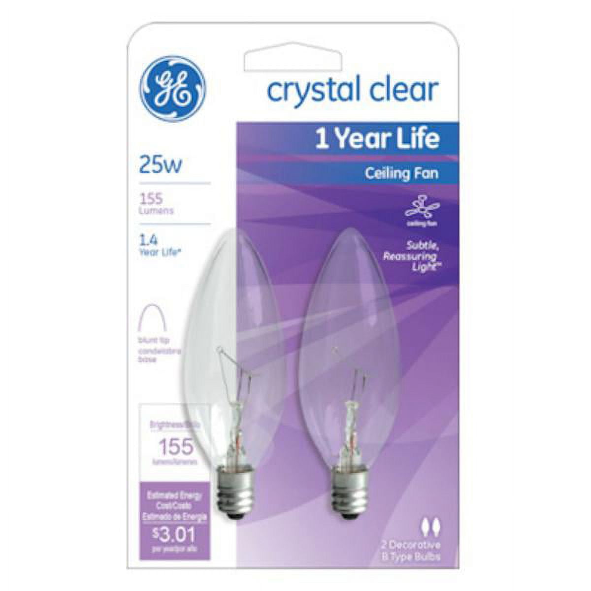 New GE Lighting 81560 Blunt Tip Ceiling Fan Bulb, Crystal Clear, 25W, 2
