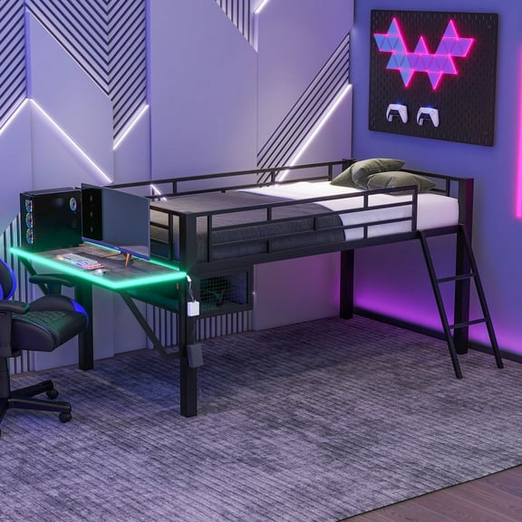 New Gaming Mid Loft Bed with Desk - Twin Black Metal & MDF, LED Lighting, Integrated Storage, Easy Assembly, 350lb Capacity