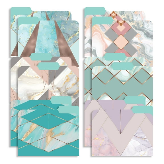 New Generation - 12 Pack Decorative 1/3 Cut Tab File Folders with Gold Marble Geometric Designs, Heavyweight, Letter Size (9.5" x 11.5") Laminated, Fashion Folders, for Home or Office.