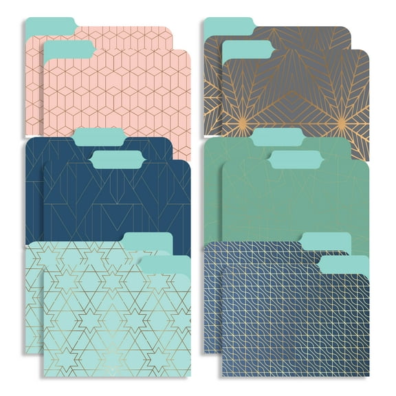 New Generation - 12 Pack Decorative 1/3 Cut Tab File Folders with Gold Patterns Designs, Heavyweight, Letter Size (9.5" x 11.5") Laminated, Fashion Folders, for Home or Office.