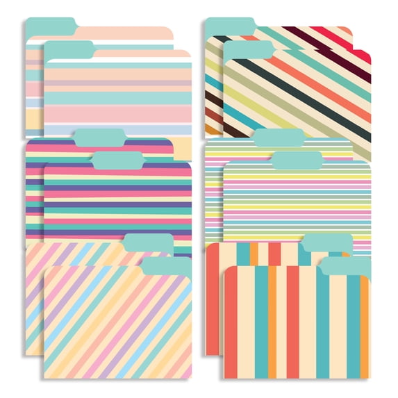 New Generation - 12 Pack Decorative 1/3 Cut Tab File Folders with Stripes Designs, Heavyweight, Letter Size (9.5" x 11.5") Laminated, Fashion Folders, for Home or Office.