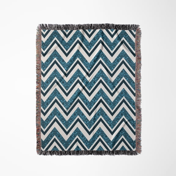 New Generation Damask Patterned Chevron Stripes In Bright Blue, Woven Blanket