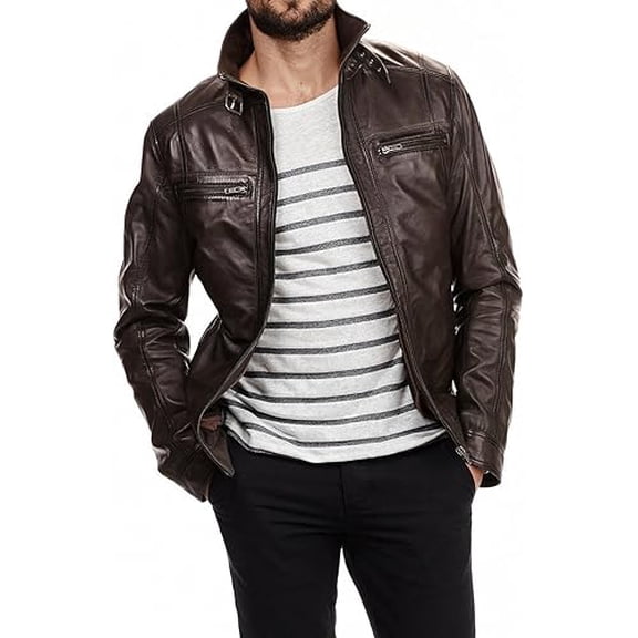 New Mens Brown Leather Jacket Slim fit Biker Motorcycle Genuine lambskin jacket A621