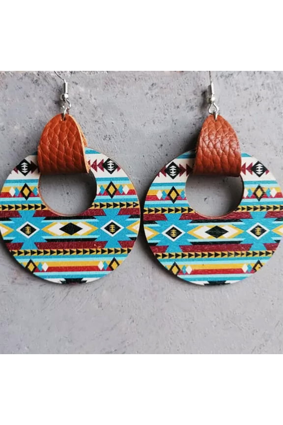 New Genuine Leather Wrap Aztec Patterns Ethnic Bull Head Wood Statement Earrings