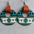 thumbnail image 1 of New Genuine Leather Wrap Aztec Patterns Ethnic Bull Head Wood Statement Earrings, 1 of 7