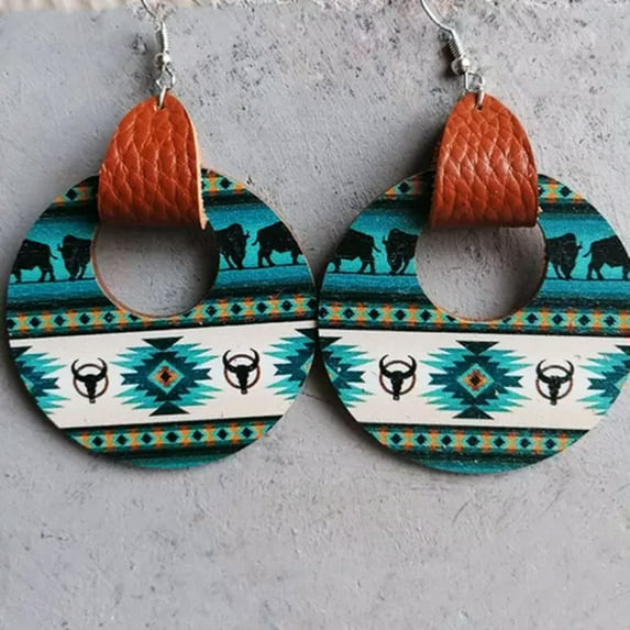 New Genuine Leather Wrap Aztec Patterns Ethnic Bull Head Wood Statement Earrings