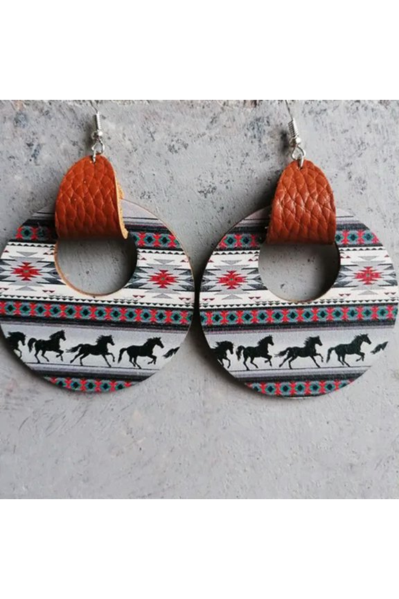 New Genuine Leather Wrap Aztec Patterns Ethnic Bull Head Wood Statement Earrings