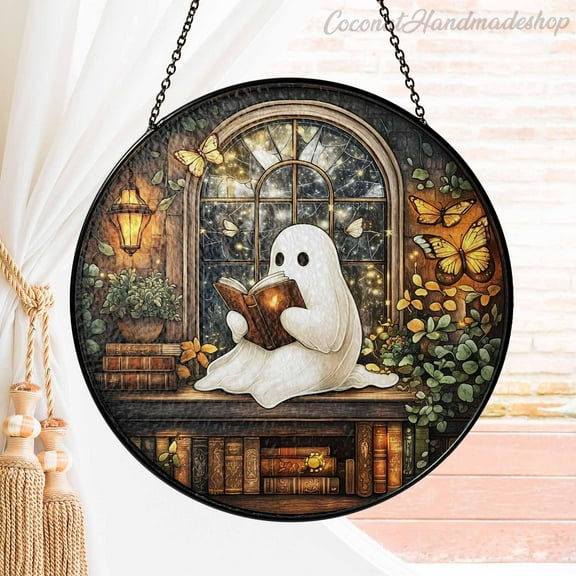New Ghost Reading Book Faux Stained Glass Suncatcher, Ghost and Plants Decor, Halloween Ghost Reading Book, Book Lover Gift, Gothic Home Decor