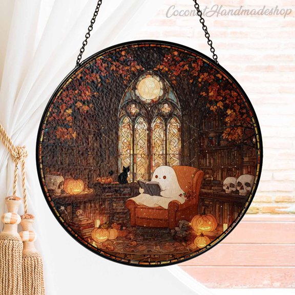 New Ghost Reading Book Glass Suncatcher, Ghost Gothic Halloween Decor, Halloween Window Decor, Book Lover Gift, Reading Gift