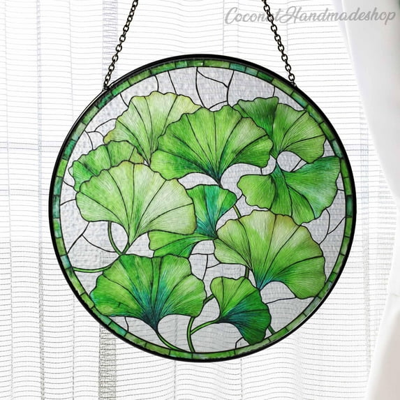 New Ginkgo Leaf Glass Suncatcher, Round Green Ginkgo Window Hanging, Botanical Ginkgo Art Decor, Garden Boho Decor Gift for Plant Lover or Mom