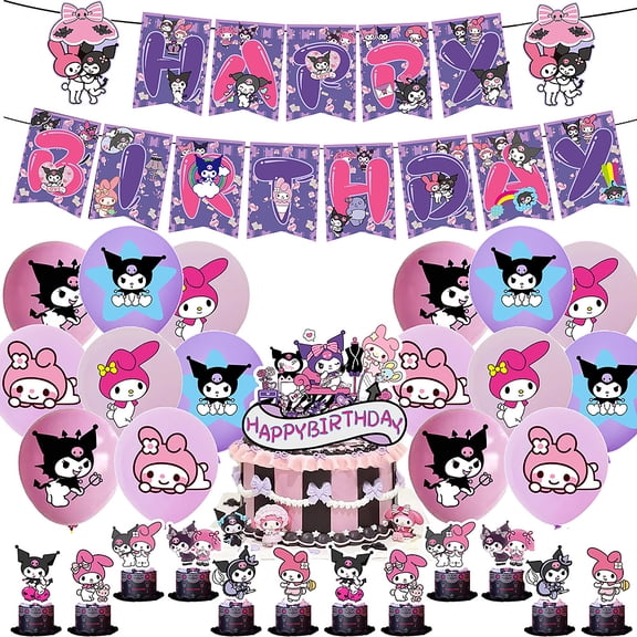 New Girls Birthday Party Kuromi Cupcake Decorations Card | My Melody Cartoon Cute Rubber Balloon Set | HAPPY BIRTHDAY Banner