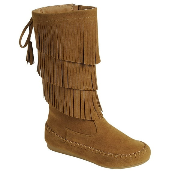 New Girls Suede Fringe Tassel Moccasin Faux Suede Fashion Children Boots Shoes (Tan-Dense, 11 Little Kid)