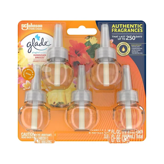 New Glade PlugIns Scented Oil Warmer Refill Hawaiian Breeze 0.67 Fl. Oz. 5/Pack