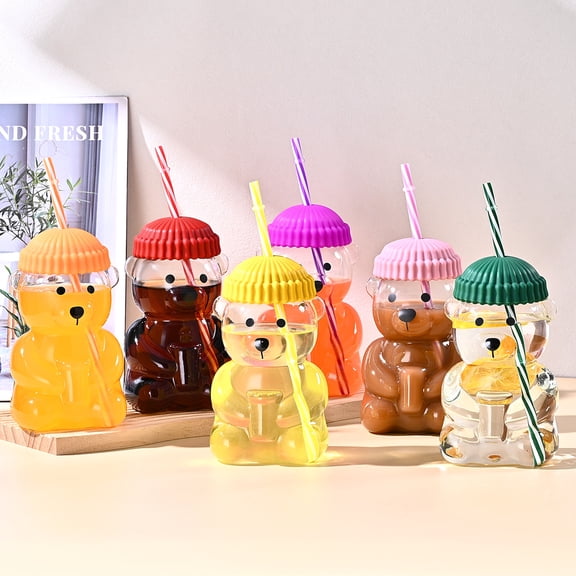 New Glass Bear Cup with Straws and Lids, 20oz Bear Mug High Borosilicate Material for All Beverages Ldeal for Valentine's Day and Holiday Gifts