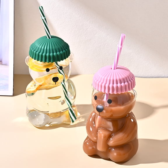 New Glass Bear Cup with Straws and Lids, 20oz Bear Mug High Borosilicate Material for All Beverages Ldeal for Valentine's Day and Holiday Gifts