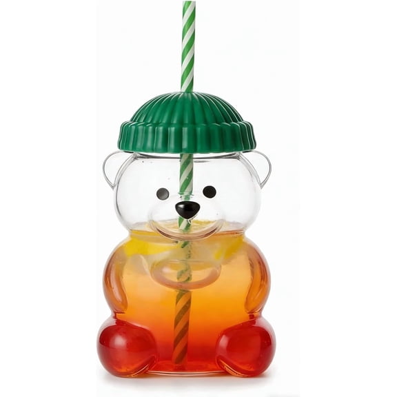 New Glass Bear Cup with Straws and Lids, 20oz Bear Mug High Borosilicate Material for All Beverages Ldeal for Valentine's Day and Holiday Gifts