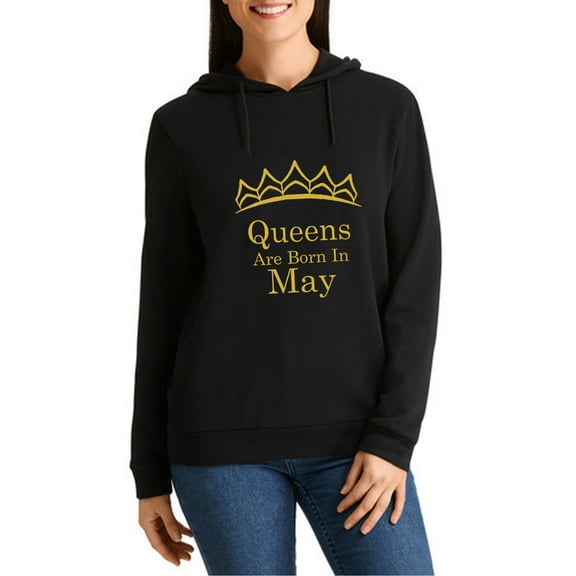New Gold Queens Are Born In May Printed Design Hoodie Long Sleeve Sweatshirt Tiara Birthday Gift Soft and Comfy Hoodie, Lightweight Hoodie Black Small