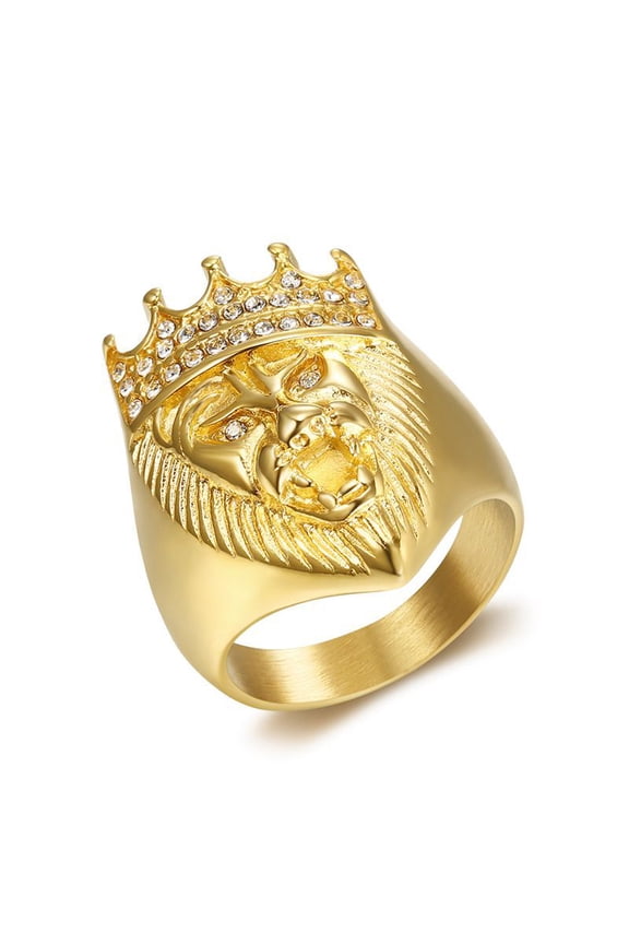 New Golden Color King Lion 's Head and Crown Ring 14K Yellow Gold Men Hip Hop Punk Animal Shape CZ Crystal Ring Male Jewelry Gifts