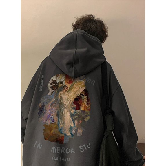 New Goth Graphic Printed Pullover Hoodies for Men Y2K Vintage Streetwear Hooded Sweatshirts Autumn Baggy Hip Hop Fashion Hoody (Dark Grey,M(40-50KG)) (Dark Grey,M(40-50KG))