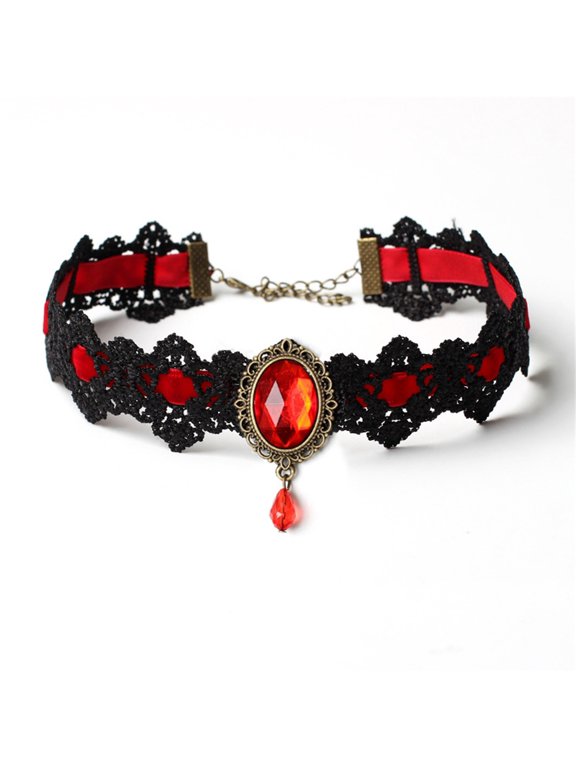 New Gothic Choker Necklace Jewelry Set for Women, Red/Black Choker Goth Lace Witch Jewelry, Witchy Vampire Masquerade Steampunk Victorian Lolita Renaissance Accessories for Woman