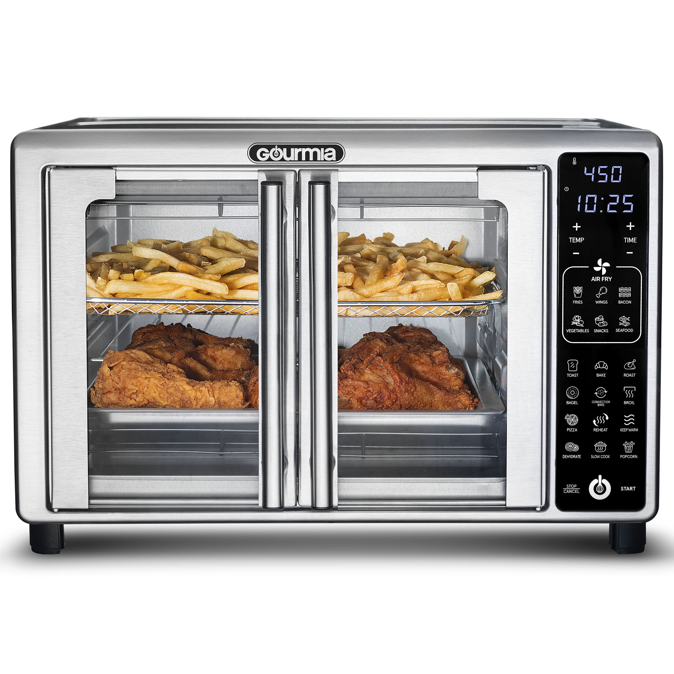 Air Fryers, Gourmia GTF7660 19-in-1 Multi-function, Digital, Stainless  Steel 12-Slice Air Fryer Oven - 19 One-Touch Cooking Functions -  Single-Pull French Doors - Includes Air Fry Basket, Oven Rack, Baking Pan 